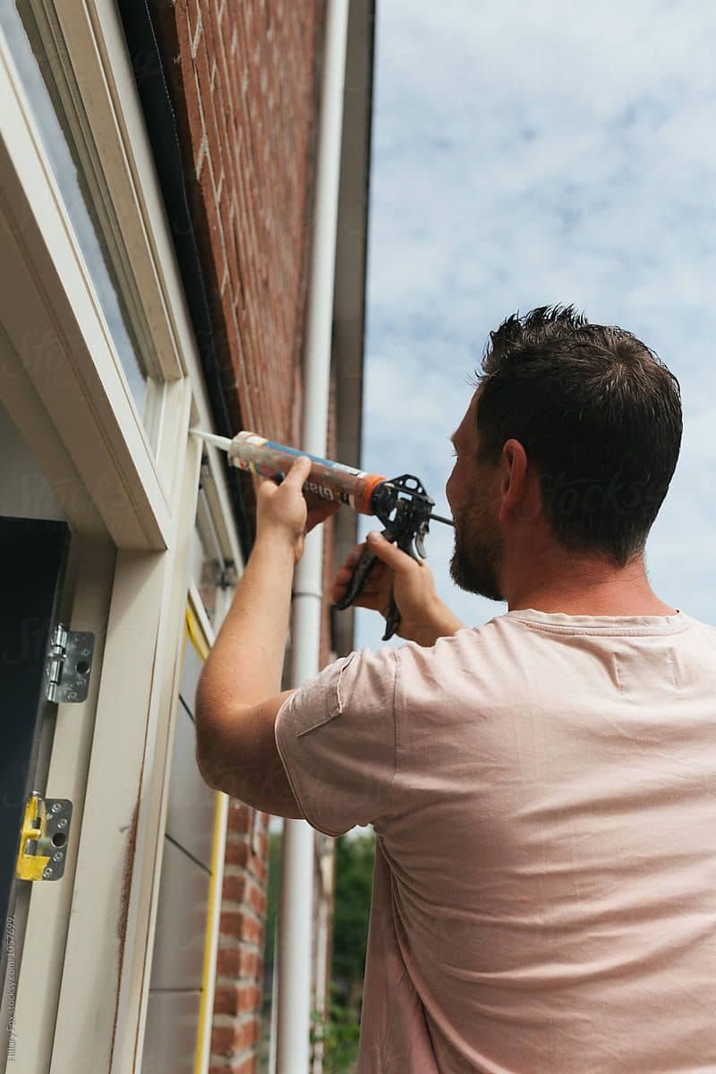 Een installateur kit een kozijn af