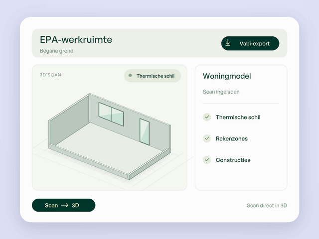 Animatie: een scan van de begane grond wordt een 3D-woningmodel met thermische schil, rekenzones en constructies, klaar voor Vabi-export