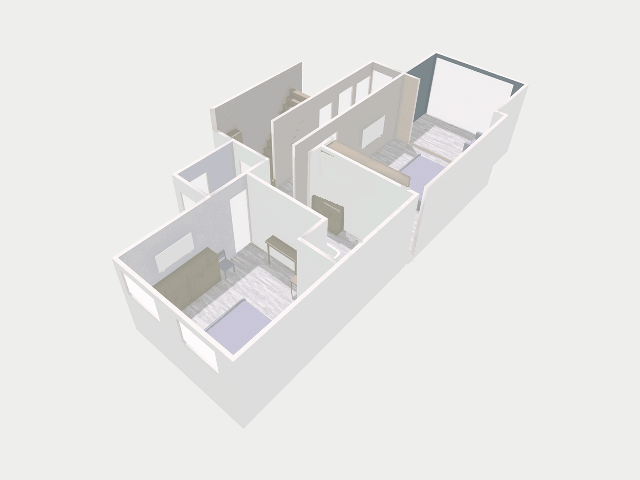 Animatie: een ingerichte verdieping van een woning draait rond als 3D-model, ruimte voor ruimte